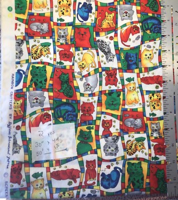 Hoffman Rainbow Critters Cats Cotton fabric Remnants  2 Pieces