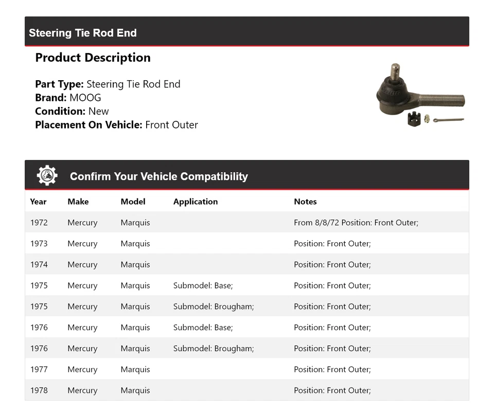 For 1972-1978 Mercury Marquis Steering Tie Rod End Front Outer MOOG 1972 1973 - Image 2 of 4