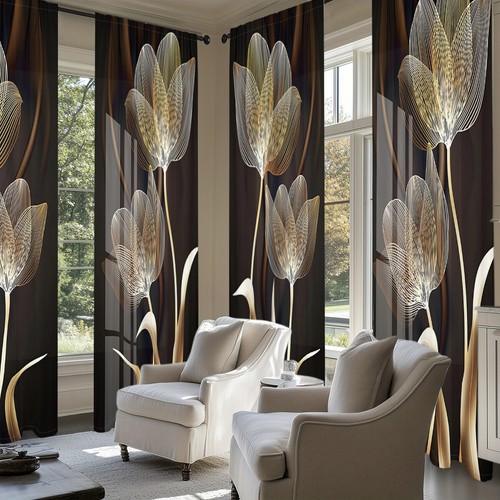 2Pcs Golden Artistic Floral Curtains Print 3D Printed Drapes Living Room Decor - Picture 2 of 27