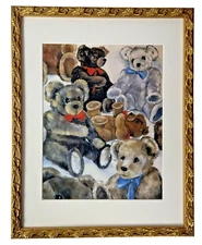 Teddy Bear Gathering - 15-1/2" x 19-3/4" Ornately Gold Framed and Matted Print