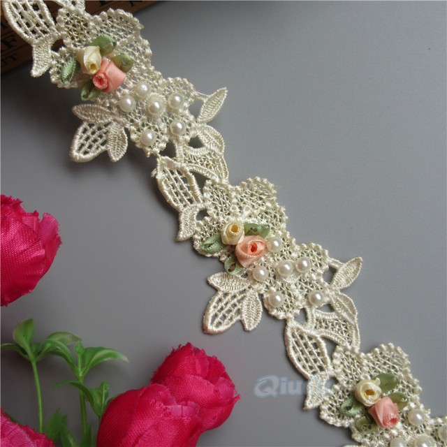 5yd Vintage Flower Pearl Lace Edge Trim Wedding Ribbon Applique DIY Sewing Craft
