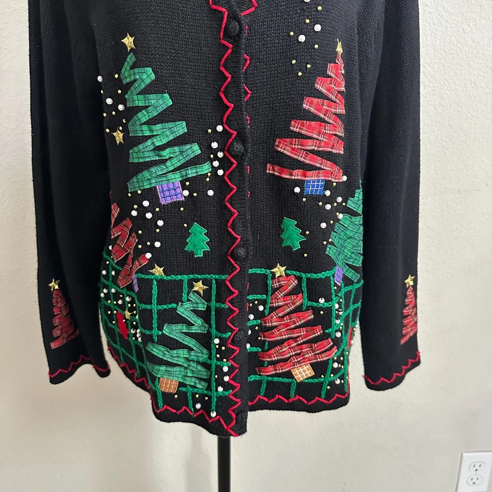 Винтажный рождественский кардиган женщин большой черный уродливый вечеринки деревья блестящий Рами 90-х - Изображение 3 из 4