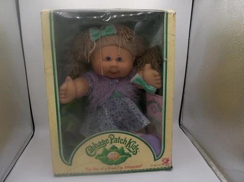 Cabbage Patch Kids Girl Blonde Hair, Purple Flower Dress, Birth Certificate,NIB