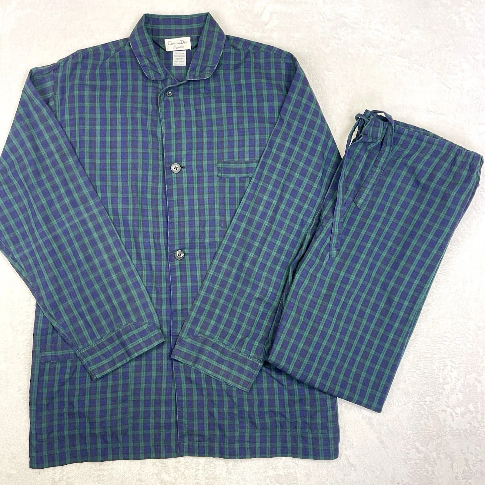 Set Pigiama Christian Dior Uomo M Blu Verde Plaid 3 Tasche Snap Fly Coulisse