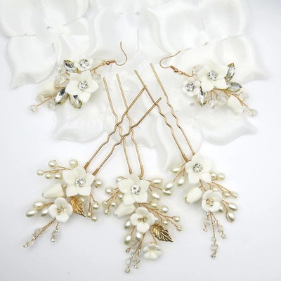 Set of 3 Flower Hairpins or Bridal Earrings, Wedding U-Shaped Floral Hairpins