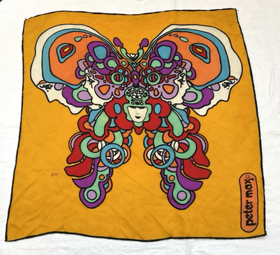 Peter Max Scarf Vintage 1970s Butterfly Psychedelic Vivid Color