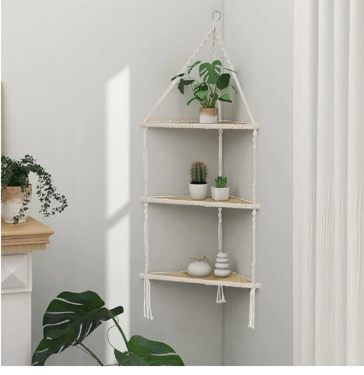 Hanging Corner Shelf White Floating Shelves Wall Hanging- Macrame 3 Tier Corner