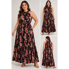 SHEIN Women’s XL Floral Maxi Dress Black Pink Sleeveless mock Neck Tie Waist