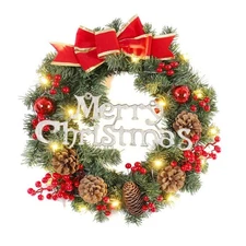 Pre-lit Christmas Wreath Garland Bowknot Bells Pine Cone LED 30/40cm Door Wall D