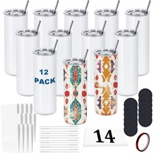 12 Pack 20 OZ Sublimation Tumblers Bulk, Skinny Straight White Sublimation Cu...