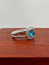 David Yurman 7mm Albion Ring Blue Topaz Diamonds 925 Sterling Silver Size: 5.5