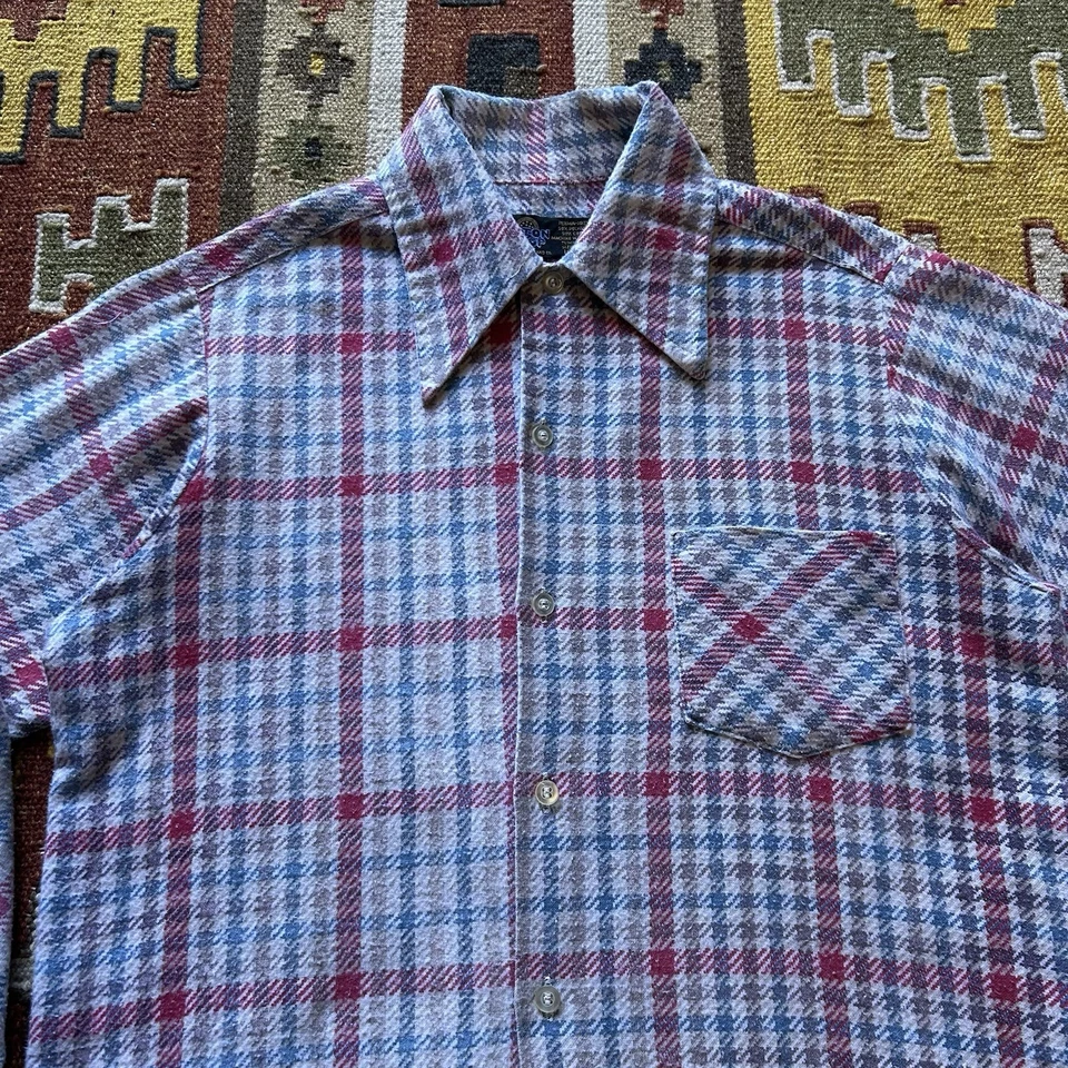 Vintage 1960s Sears Put On Shop Printed Cotton Blend Plaid Shirt Boys Sz 16 - Image 2 of 4