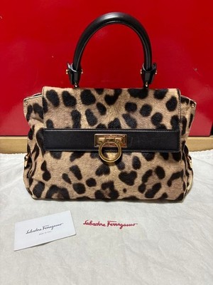Ferragamo Sofia Gancini Top Handle Bag Satchel Leopard Print Leather Fur Gold
