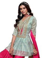 Womens Chanderi Silk Embroidered A-Line Kurta with Sharara Dupatta