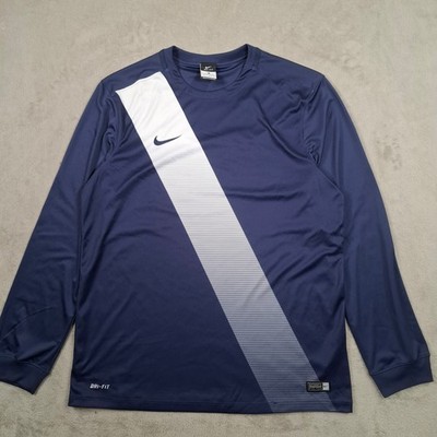 Nike T Shirt Mens Large Blue Dri Fit Football Training Gym Long Sleeve Top Y2k