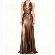 Dress The Population. New Metallic Long Sleeveless V-neck Criss Evening Gown.