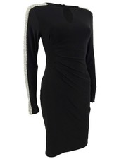 Aqua Women's Beaded-Sleeve Cocktail Dress  (6, Black/Nude/Silver) 191837185524
