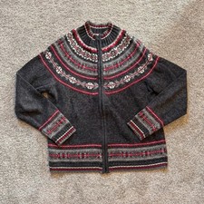 Tiara International Vintage Fair Isle Zip Up Cardigan Sweater Grey Red S