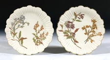 2 Antique Royal Worcester Porcelain Blush Ivory Plates Hand Painted Flowers Gold