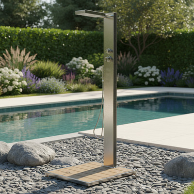 IDEAL Kalt- Warmwasserdusche ELBA inkl. WPC Bodenplatte Gartendusche Pooldusche