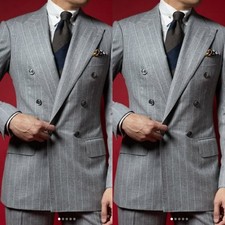 Gray Striped Men's Suits Peak Lapel Double Breasted Wedding Groom Tuxedo 2 pcs
