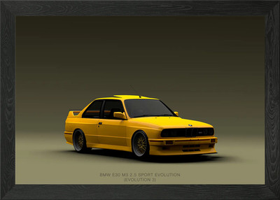 Gelber BMW E30 M3 Sport Evolution gerahmtes Wandbild Poster Leinwanddruck Bild