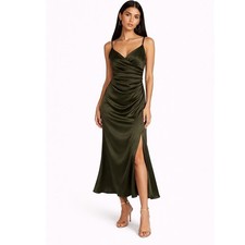 NWT Revelry Rory Satin Dress Women 6 Deep Olive Maxi Ruched Bridesmaid Wedding