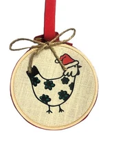 chicken Santa hoop Christmas ornament fabric wood Farm vintage style rooster hen