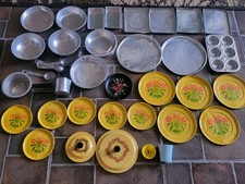 Great lot of vintage childrens dishes plastic metal pots pans mushrooms retro