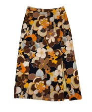 Vtg Handmade Floral Hawaiian Midi Skirt Boho Mod Tiki Side Slit Bow 29" Waist