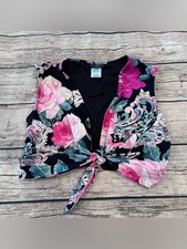 Carmen Marc Valvo Black Tie Front Bikini Top with Pink Floral Size Large