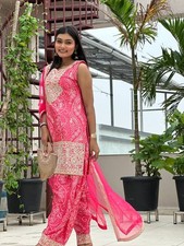 Designer Pure Chinon Silk Pink Top Dhoti With Dupatta For Functional Wear