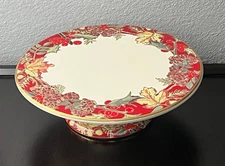 Vintage F. Giorgi Ceramica Pedestal Cake Stand Red Gold Pinecones 12.75"W Italy