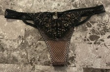 NWT VICTORIA'S SECRET MEDIUM BLACK RHINESTONE FISHNET LACE RARE THONG PANTIES