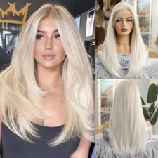 Lace Front Wigs Platinum Synthetic Long Straight Wig with Bands for Women Daily