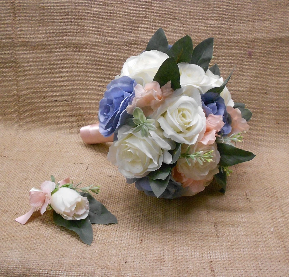 Wedding Silk Flower Bridal Bouquets Ivory Cream Pink Blush Dusty Blue Eucalyptus - Image 2 of 4