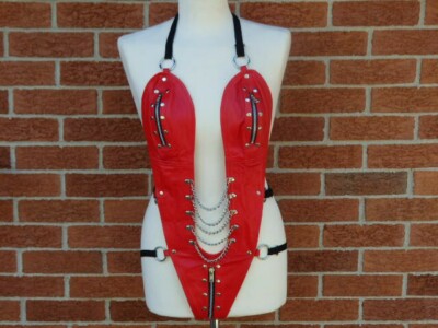 Sexy Leather Bra Panties TEDDY Outfit w Strategic Zippers Chains G-String Corset