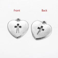 3 Cross Heart Charms Antiqued Silver Religious Pendants Christian Findings 
