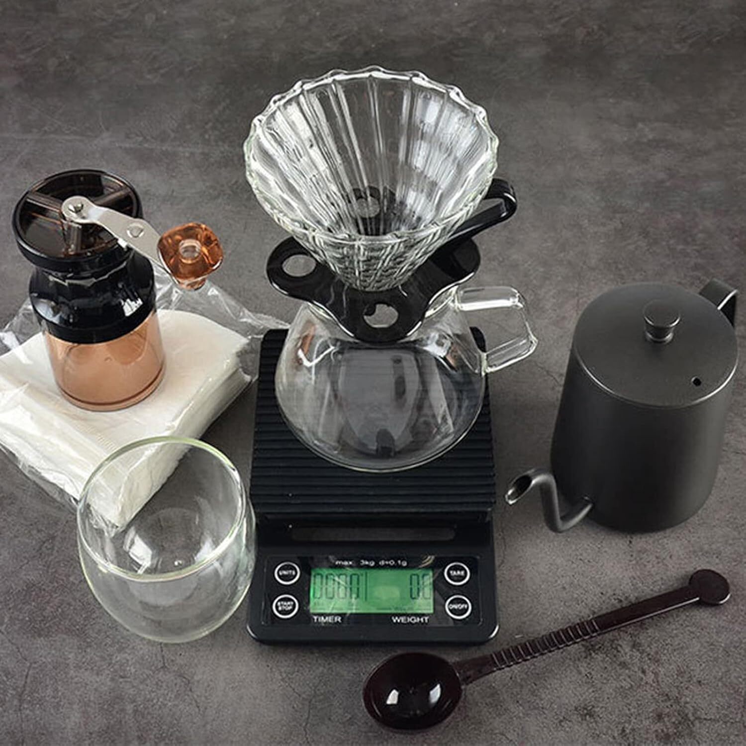 Set für handgebrühten Kaffee, Pour-Over-Kaffeebereiter-Set mit Waage & Mahlwerk
