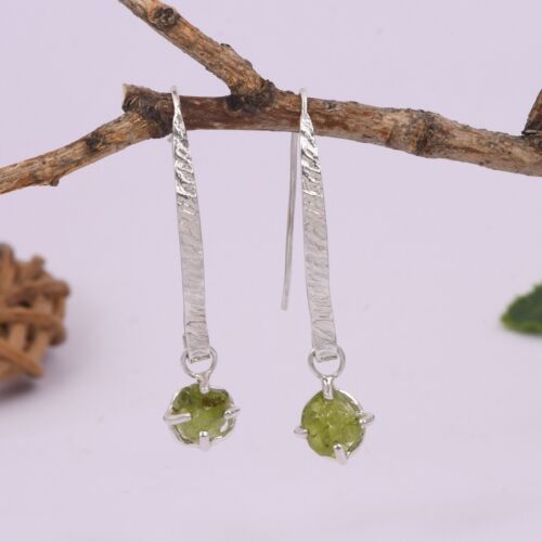 Raw Peridot Prong Dangle Earrings Healing Crystal Jewelry Birthday Gift For Her - Picture 1 of 11