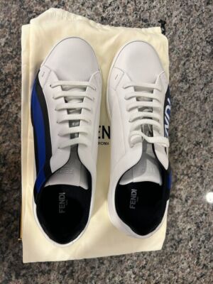 Fendi White Leather Low Top Fendi Logo Print Blue SZ 11  display picture 2