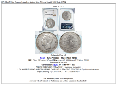 1871 SPAIN King Amadeo I Amadeus Antique Silver 5 Peseta Spanish