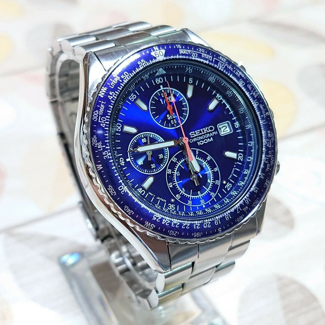 Seiko Flightmaster Pilot 7T92-0CF0 Quartz Chronograph Blue Dial Mens Watch  | eBay