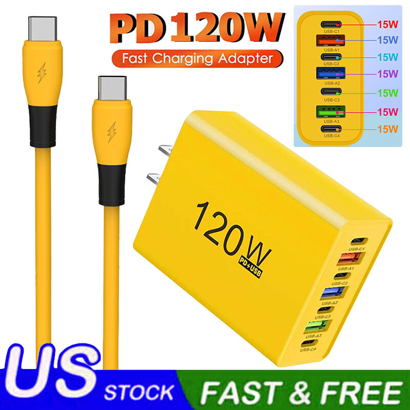 120W 7-Port USB C Fast Charger with 4FT PD Cable for iPhone iPad Android