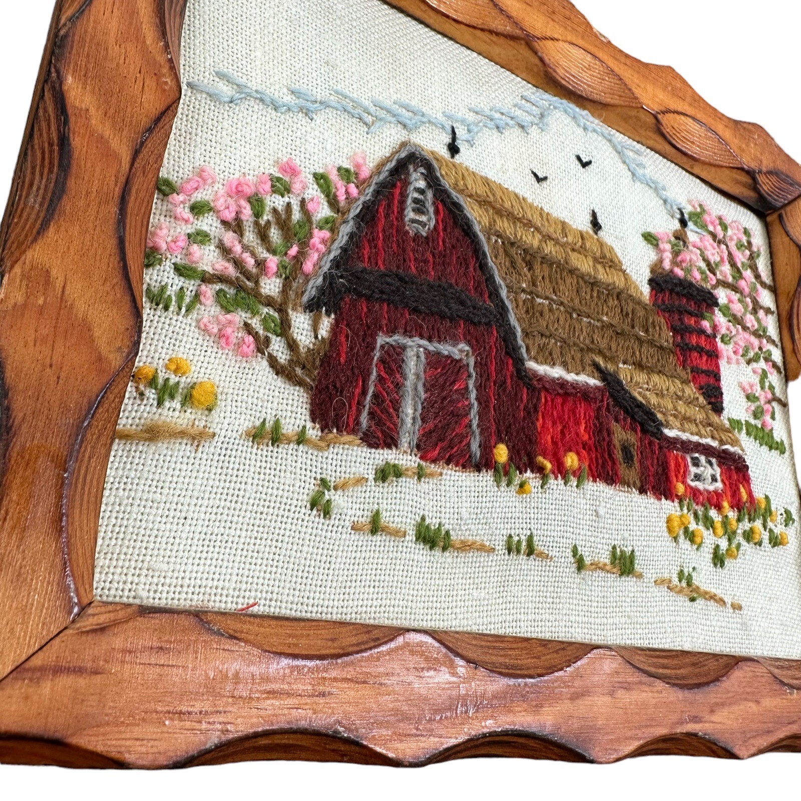 Vintage Crewel Framed Art Barn Scene Trees Carved Wood Frame eBay
