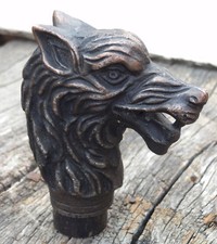 ANTIQUE BLACK SOLID WOLF DRAGON HEAD WALKING STICK VINTAGE WOODEN CANE HANDLE