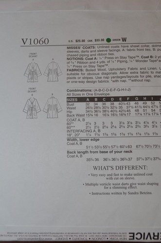 Vogue 1060 Misses Unlined Coat Pattern Bust Sizes 32 55 New Uncut Ebay