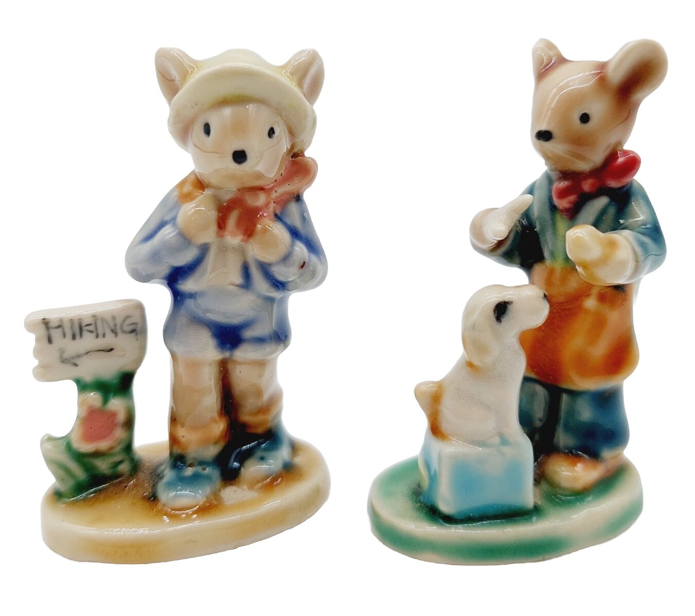 Vintage Hand-Painted Porcelain Mouse Hiking with Dog Collectible Figurine Set 3 Inches