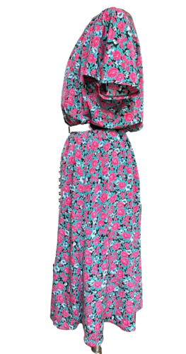 Vintage Kleid Blumenmuster rosa grün schwarz voller Rock Passform modern 12 14 - Bild 5 von 12
