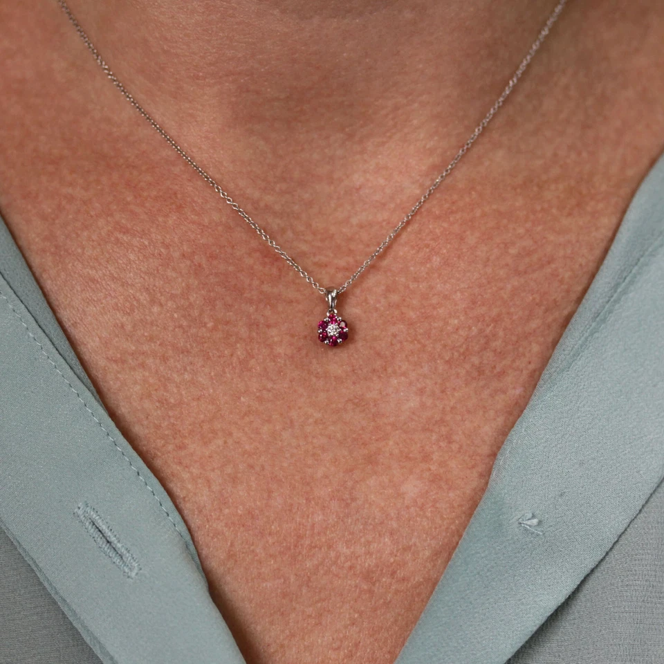 Colgante Flor Oro Blanco 14k Sólido Rubí Rojo Natural y Diamante 0.45" L Foto 3 de 3
